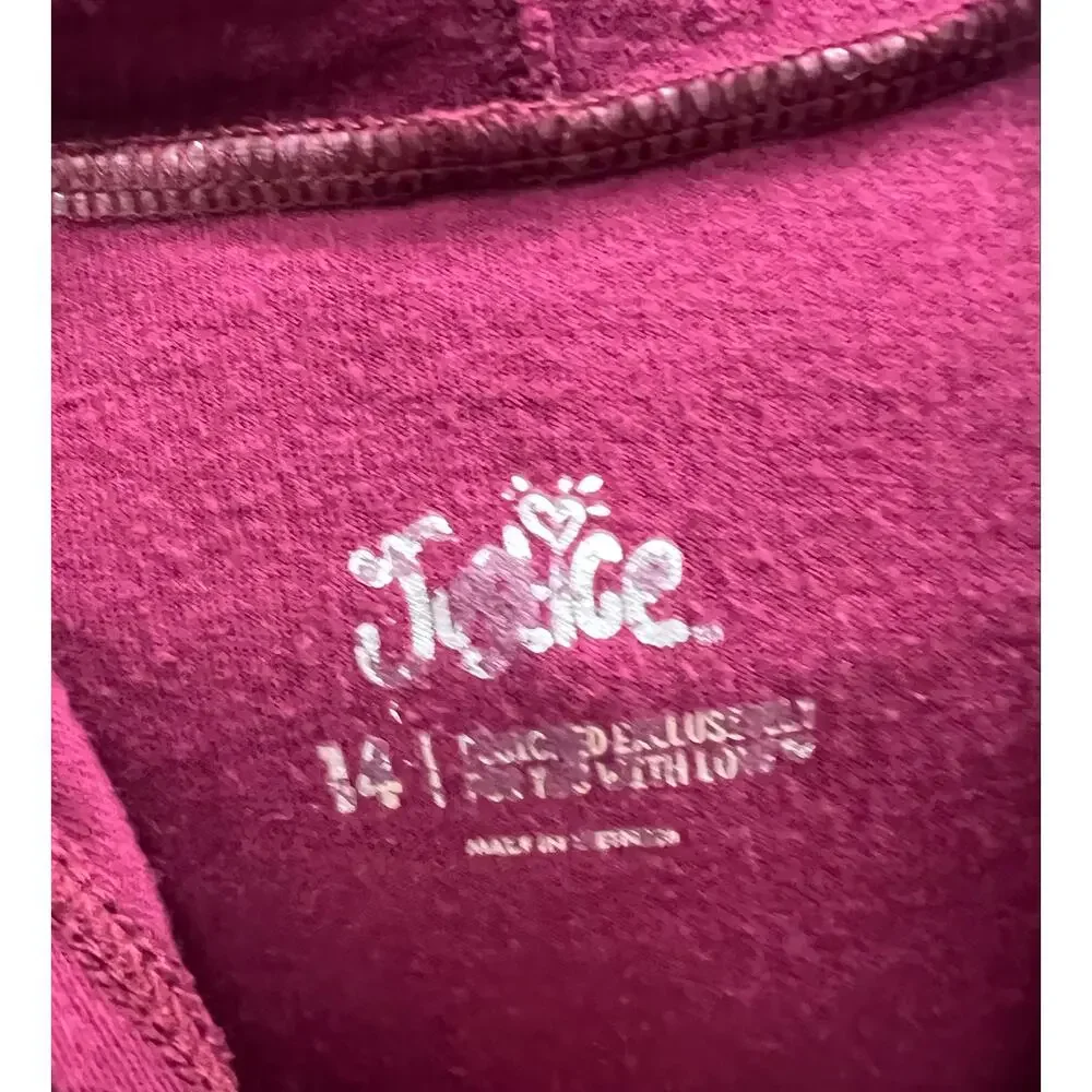 Justice Cherry Red graphic hooded tee white layered hem kitty peace bling sz 14